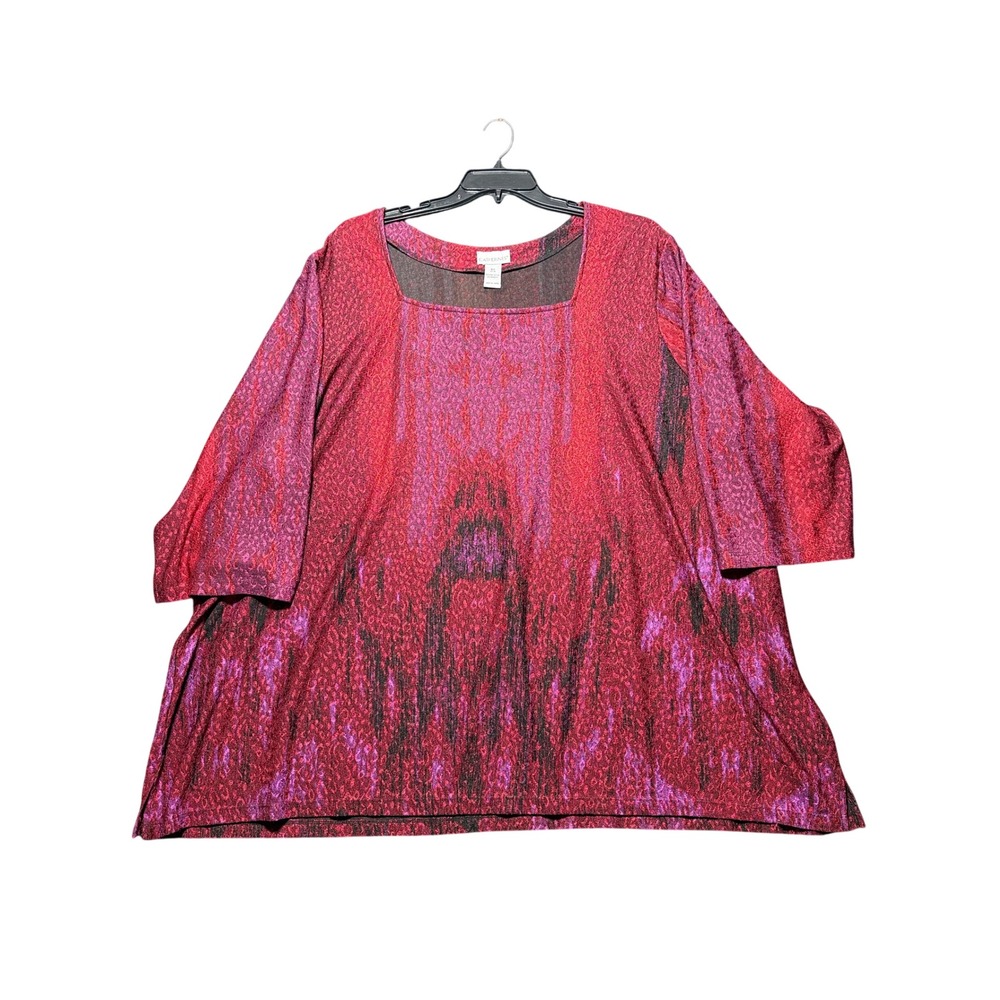Catherines Tunic Top Women 5X Red Excellent Condition Abstract Animal Print 3/4